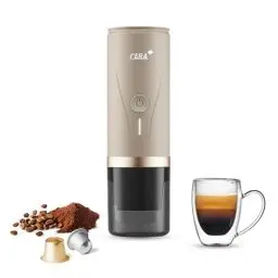 Produktbild: CERA+ Elektrische Tragbare Espressomaschine mit 3-4 Minuten Selbsthitzung, 20Bar 12V mini akku Kaffeemaschine,kompatibel mit NS-Kapsel &gemahlener Kaffee reise kaffeemaschine für Auto,Camping-Cream