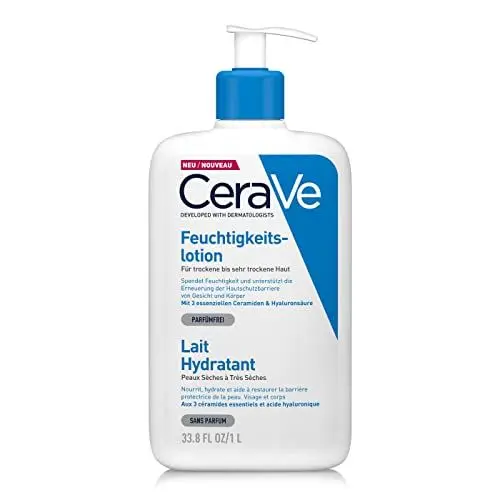 Produktbild: CeraVe Feuchtigkeitslotion für Körper und Gesicht, Lotion für trockene bis sehr trockene Haut, Mit Hyaluron und 3 essenziellen Ceramiden, Auch bei Neurodermitis und für Allergiker, 1 l