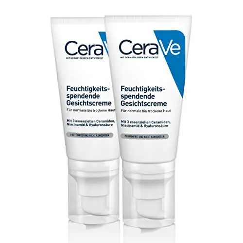 Produktbild: CeraVe Feuchtigkeitsspendende Gesichtscreme für normale bis trockene Haut, Ultraleichte Formel, Mit Hyaluron, Niacinamid und 3 essenziellen Ceramiden, 2 x 52 ml
