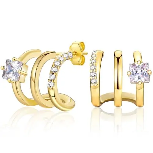 Produktbild: CERSLIMO Goldene Ohrringe Damen Gold Stecker Silber 925 Vergoldet Kreolen Dicke Quadratische Zirkonia 12mm Chunky Klobig Schmuck Geschenke