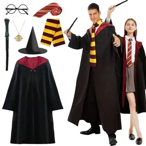 Produktbild: Zauberer Cosplay Kostüm, 7 Pcs Magier Robe für Erwachsene mit Umhang, Hut, Zauberstab, Krawatte, Schal, Halskette und Brille, Unisex Uniform für Erwachsene Halloween Karneval Cosplay Kostüme