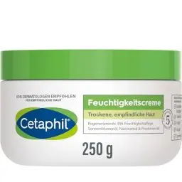 Produktbild: CETAPHIL Feuchtigkeitscreme, 250g, Für trockene, empfindliche Haut, Spendet intensiv 48h Feuchtigkeit und stärkt die Widerstandskraft, Mit Vitamin B3, Provitamin B5, Sonnenblumenöl, Mandelöl, Glycerin