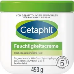 Produktbild: Cetaphil Feuchtigkeitscreme, 453g, Für trockene, empfindliche Haut, Spendet intensiv 48h Feuchtigkeit und stärkt die Widerstandskraft, Mit Vitamin B3, Provitamin B5, Sonnenblumenöl, Mandelöl, Glycerin