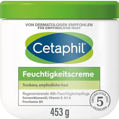 Produktbild: Cetaphil Feuchtigkeitscreme, 453g, Für trockene, empfindliche Haut, Spendet intensiv 48h Feuchtigkeit und stärkt die Widerstandskraft, Mit Vitamin B3, Provitamin B5, Sonnenblumenöl, Mandelöl, Glycerin