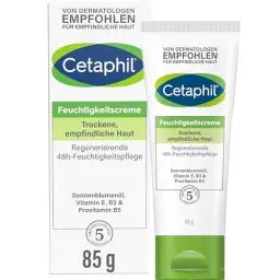 Produktbild: Cetaphil Feuchtigkeitscreme, 85ml, Für trockene, empfindliche Haut, Spendet intensiv 48h Feuchtigkeit und stärkt die Widerstandskraft, Mit Vitamin B3, Provitamin B5, Sonnenblumenöl, Mandelöl, Glycerin