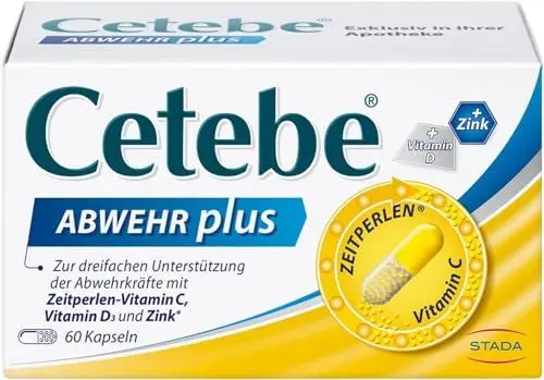 Produktbild: CETEBE Abwehr plus - Nahrungsergänzungsmittel zur dreifachen Unterstützung der Abwehrkräfte mit ZEITPERLEN - Vitamin C, Vitamin D und Zink - 1 x 60 Kapseln