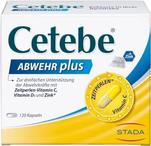 Produktbild: Cetebe Abwehr plus - Nahrungsergänzungsmittel zur dreifachen Unterstützung der Abwehrkräfte mit ZEITPERLEN - Vitamin C, Vitamin D und Zink - 1 x 120 Kapseln