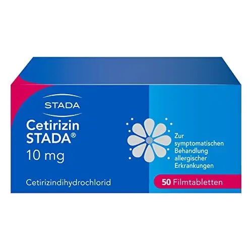Produktbild: Cetirizin STADA 10 mg - symptomatische Behandlung allergischer Erkrankungen wie Heuschnupfen - wirkt schnell - schon geeignet für Kinder ab 6 Jahren - rezeptfrei - 50 Filmtabletten