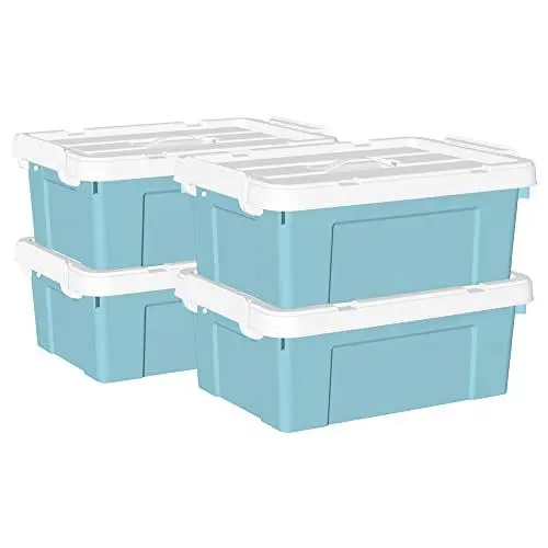 Produktbild: Cetomo 20 l x 4 Kunststoff-Aufbewahrungsbox, Tragetasche, Organisationsbehälter mit robustem Deckel und sicheren Verriegelungsschnallen, stapelbar und stapelbar, 4 Stück, blau mit Schnalle