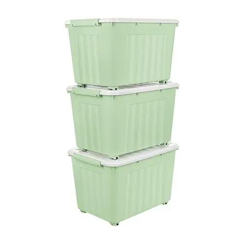 Produktbild: Cetomo 55 l x 3 Kunststoff-Aufbewahrungsbox, grün, Tragetasche, Organisationsbehälter mit robustem Deckel und sicheren Verriegelungsschnallen, stapelbar und stapelbar, 3er-Pack, mit Schnalle