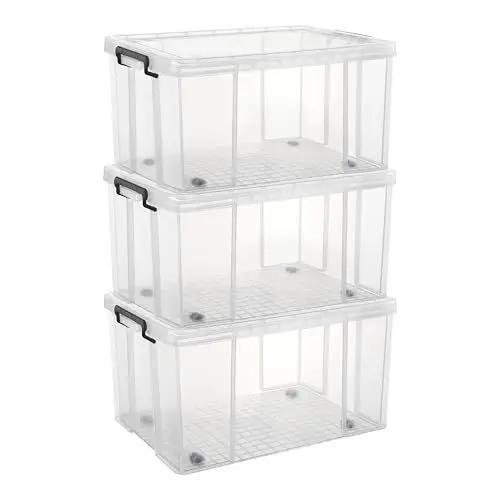 Produktbild: Cetomo 70 x 3 Kunststoff-Aufbewahrungsbox mit robustem Deckel und sicheren Verriegelungsschnallen, stapelbar und stapelbar, 3 Stück, transparent mit schwarzer Schnalle