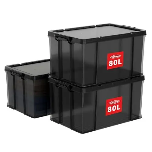 Produktbild: Cetomo 80 x 3 Kunststoff-Aufbewahrungsbox mit robustem Deckel und sicheren Verriegelungsschnallen, stapelbar und stapelbar, 3 Stück, transparentes Schwarz mit schwarzer Schnalle