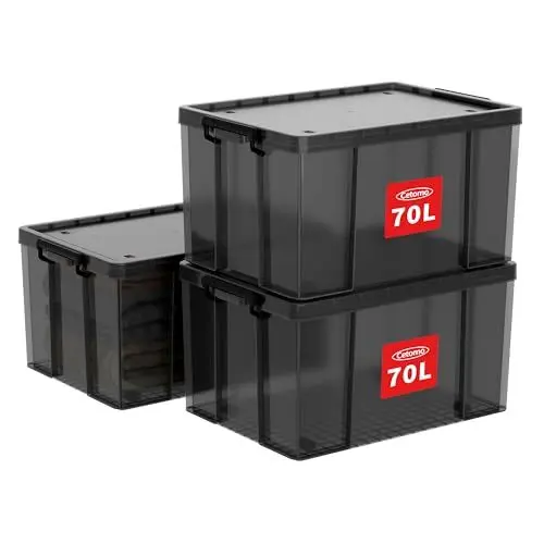 Produktbild: Cetomo,70L,3er-Pack, Aufbewahrungsbox mit deckel,Aufbewahrungsboxen, mit Clips, stapelbar, Wohnzimmer, Schlafzimmer.lebensmittelecht,Verschlussclips,Neumaterial Plastik-Box transparent schwarz