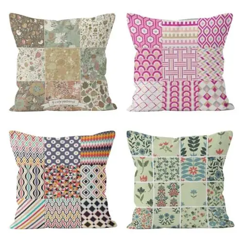 Produktbild: CEVAN Leinen Kissenbezüge Ostern Kissenhülle Dekokissen Kariertes Muster Kissenbezüge Für Gartenmöbel Kissenhülle Draussen Kissenbezüge Sofa Dekor 45x45cm,4Pcs