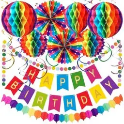 Produktbild: Ceysin Geburtstagsdeko - Premium Wiederverwendbare Party Deko, Geburtstag Deko, Party Zubehör mit Happy Birthday Girlande, Buntes Pompons, Wabenbälle, Dreieckige Farbige Flagge, für Männer Frauen