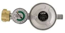 Produktbild: CFH Druckregler Gasflasche mit Füllstandsanzeige DRF 428 - Gasdruckregler 50 mbar mit Manometer & Schlauchbruchsicherung, Eingang G.12 und Ausgang H.4 1/4