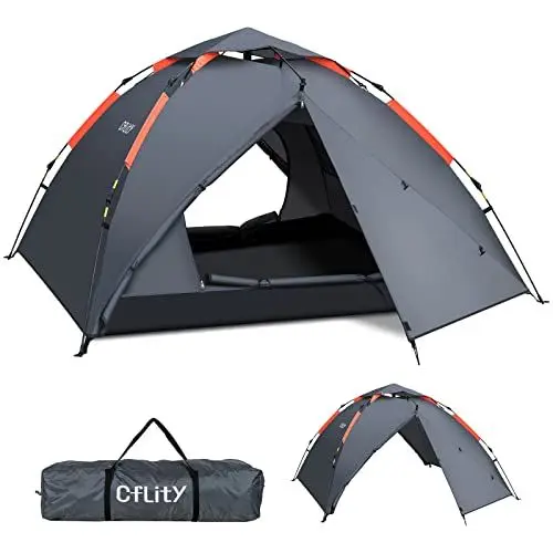 Produktbild: Cflity Camping Zelt, 3 Personen Instant Pop Up Zelt Wasserdicht DREI Schicht Automatische Kuppelzelt, Große 4 Jahreszeiten Zelt, Backpacking Zelt mit Rain-Fly 2 Erweiterbare Veranda für Camping