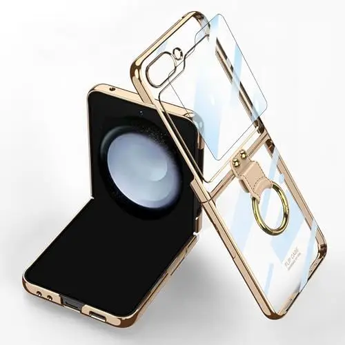 Produktbild: CFPLZFY Transparente hülle für Samsung Galaxy Z Flip 5 mit Ring,ständer, Galvanisierter Rahmen Durchsichtige dünn handyhülle，Mit Kleiner Bildschirmschutzfolie (Gold)