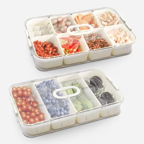 Produktbild: CGBE Snackbox mit Fächern, 2 Stück Snack Aufbewahrungsbox, Obst und Gemüse Tablett mit 8+4 Fächern, Frischhaltebehälter für Kühlschrank und Vorratskammer für Snacks, Obst und Gewürze.
