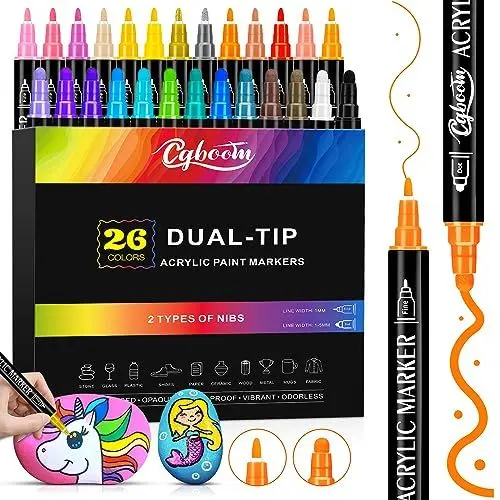 Produktbild: CGBOOM Acrylstifte, 26 Farben Dual Tip Acrylstifte für Steine Wasserfest, Steine Zum Bemalen, Stifte Steine Bemalen Wasserfest, Steine Bemalen Stifte, Lackstift für Steine Holz Multimarker