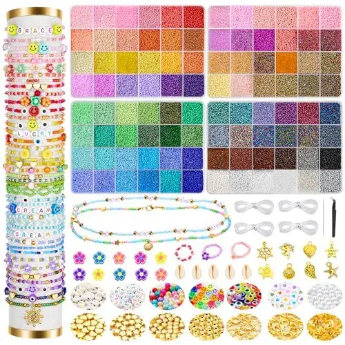 Produktbild: CGBOOM Freundschaft Armband Kit, 57600 Pcs 96 Farben Perlen,2 mm Perlen für Armbänder, Schmuck, Glas DIY Armband Schmuck machen Kit für das perfekte Geschenk für ein kleines Mädchen