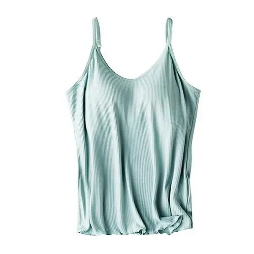 Produktbild: CGGMVCG Cami mit integriertem BH für Damen Gerippt Camisole mit Verstellbarer Spaghettiträger Stretch Unterhemd Gepolstert Tank Tops, Z04 Hellblau, Klein