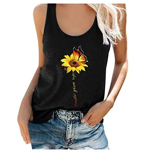 Produktbild: CGGMVCG Damen Grafik Tank Tops Sommer Sonnenblume Tank Racerback Print Ärmelloses T-Shirt Top Damen Ärmellose T-Shirts, Schwarz, Groß