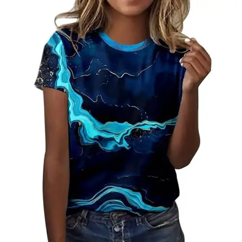 Produktbild: CGGMVCG Grafik-T-Shirts für Frauen Damen Täglicher Druck O Ausschnitt Tops Kurzarm Rundhals T-Shirt Übergroße T-Shirts für Frauen (Z03 Dunkelblau, XXL)