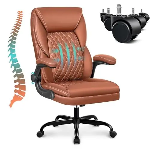 Produktbild: ChaCool Bürostuhl Schreibtischstuhl Ergonomisch, Chefsessel PU-Leder mit Verstellbarer Rückenlehne & Klappbare Armlehnen &Kopfstütze, Drehstuhl Höhenverstellbar mit Rollen, Max Belastung 136KG Braun