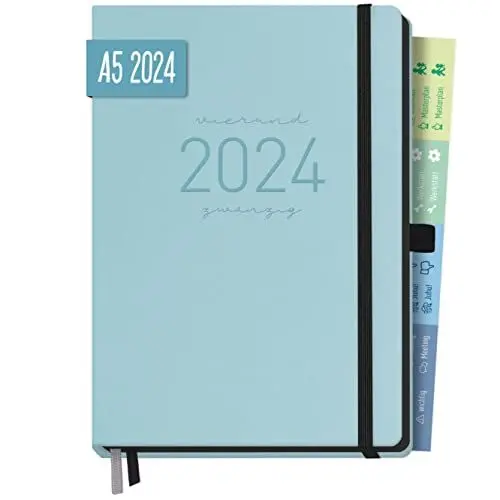 Produktbild: Chäff-Timer Deluxe Kalender 2024 A5 (Eisblau) Terminplaner 12 Monate: Jan - Dez 24 | Terminkalender, Wochenplaner mit Stiftschlaufe, Gummiband & Einstecktasche | nachhaltig & klimaneutral