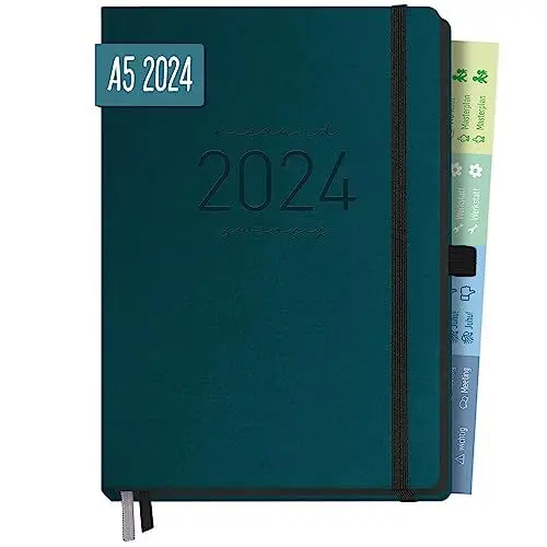 Produktbild: Chäff-Timer Deluxe Kalender 2024 A5 (Petrol) Terminplaner 12 Monate: Jan - Dez 24 | Terminkalender, Wochenplaner mit Stiftschlaufe, Gummiband & Einstecktasche | nachhaltig & klimaneutral