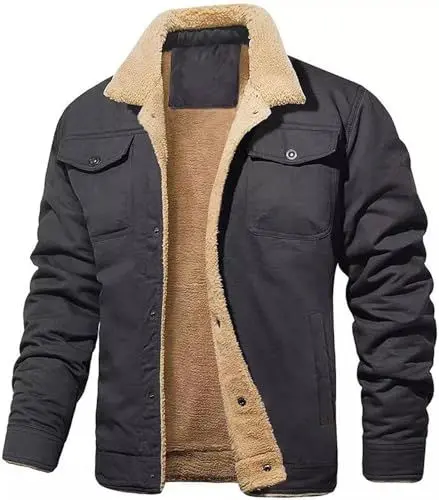 Produktbild: Chahuer Herrenmode Cargojacke Herbst Winter Neu Lammwolle Fleece Warme Jacke Retro Revers Einreihige Jacke dunkelgrau XXL