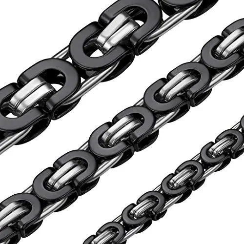 Produktbild: ChainsHouse Schwarz Kette Herren Königskette Edelstahl Plattenkette 56cm Halskette Byzantinische Kette 6MM breit Kette Damen Halskette Männer Schmuck