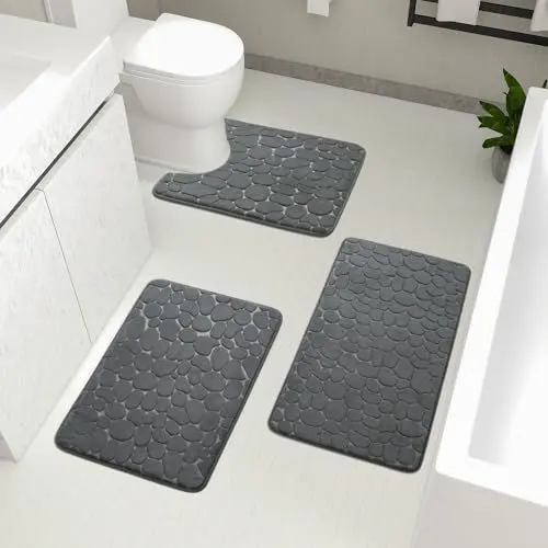 Produktbild: chakme Badezimmer Teppiche Sets 3 Stück, Cobblestone Memory Foam Badezimmer Matten Set dick, Anti-Rutsch-Badematten für Bad,absorbierend waschbar dunkelgrau Badteppiche für Wanne, WC und Boden