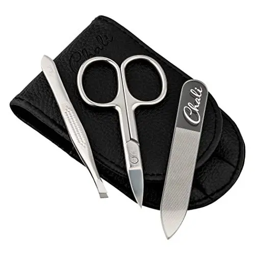 Produktbild: Chali® Maniküre Set 3-teilig - Edelstahl Nagelset mit Nagelschere, Pinzette, Glasnagelfeile - Nagelpflege für Männer und Frauen mit Nageletui