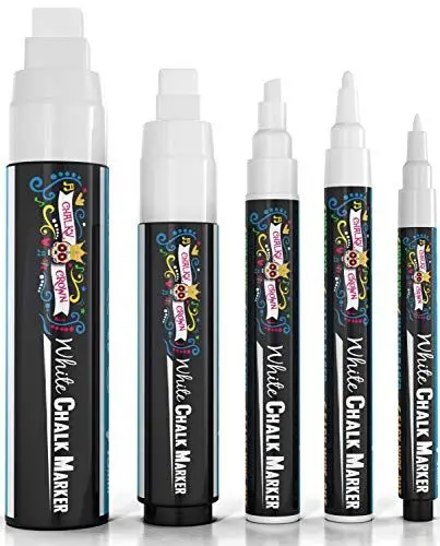 Produktbild: Chalky Crown - Kreidestifte für Tafel Abwaschbar - 5 Weiße Kreidemarker - Ungiftige Flüssigkreide-Marker für Fenster, Glas - 1, 3, 6, 10, 15 mm Spitzen