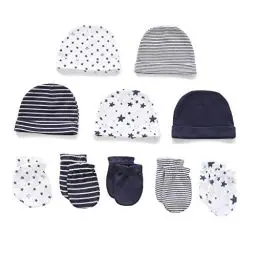 Produktbild: Chamie Babymütze und Fäustlinge, Neugeborenes Set, 5 Mützen und 5 Paar Fäustlinge für Babys, Jungen, Mädchen, Alter 0-6 Monate, 100% Baumwolle Dunkelblau