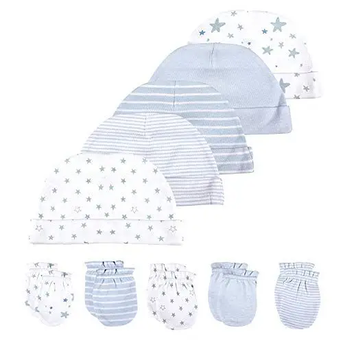 Produktbild: Chamie Babymütze und Fäustlinge, Neugeborenes Set, 5 Mützen und 5 Paar Fäustlinge für Babys, Jungen, Mädchen, 0-6 Monate, 100% Baumwolle, Blau …