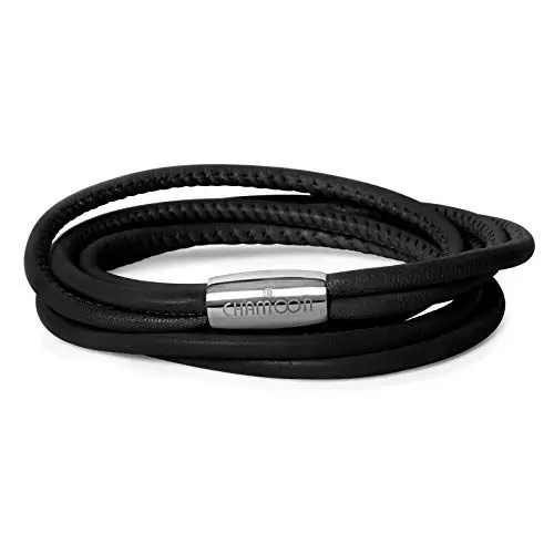 Produktbild: CHAMOON® Lederarmband Damen Schwarz - Armband Damen Leder Schwarz, Wickelarmband Damen Personalisiertes Armband Leder Damen, Charm Armband M 38,50 cm