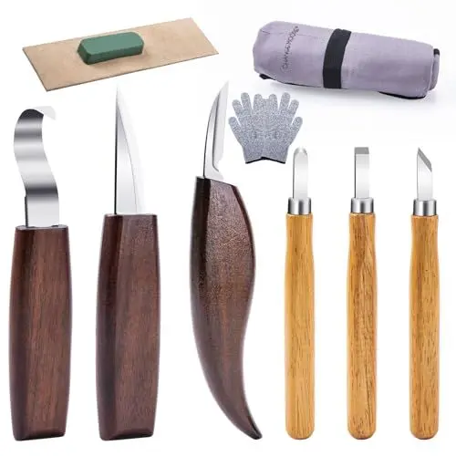 Produktbild: CHANGEMOORE Schnitzwerkzeug Holzschnitzwerkzeuge Set - 10 teilig inkl. Schnitzmesser, Holzmeißelmesser, Schnittfeste Handschuhe,Segeltuchtaschen & Anspitzer, Anwendbar für Kinder/Anfänger