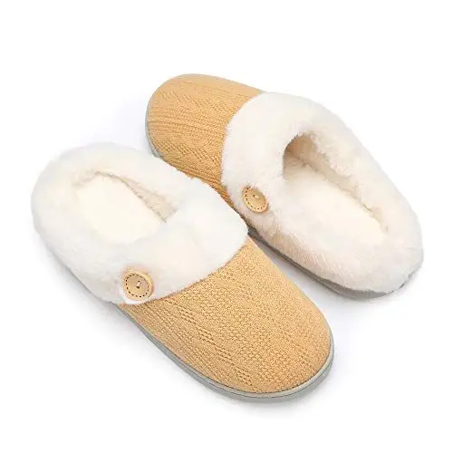 Produktbild: Chantomoo Frauen House Hausschuhe Bequeme Memory Foam Plüsch Schlafzimmer Kunstpelz gefüttert gestrickte warme Hausschuhe Slip-On leichte Schuhe, Indoor Outdoor Anti-Rutsch-Gummisohle Gemütliche