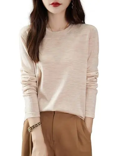 Produktbild: Chanyarn 100% Merino Wolle Shirt Damen Rundhalsausschnitt Langärmelig für Reisen Wandern T Shirt Unterwäsche Oberteil (Beige,M)