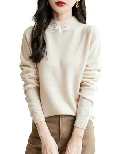 Produktbild: Chanyarn 100% Merinowolle Pullover Damen Winter Stehkragen First-Line Ready to Wear Langarm nahtlosem Strickpullover (Beige,L)