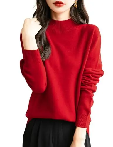 Produktbild: Chanyarn 100% Merinowolle Pullover Damen Winter Stehkragen First-Line Ready to Wear Langarm nahtlosem Strickpullover (Rot,M)