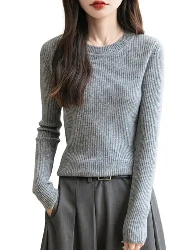 Produktbild: Chanyarn Damen 100% Merinowolle Pullover 2025 Herbst Winter Rundhalsausschnitt Lange Ärmel warm RIPP Strick Pullover (Grau,S)