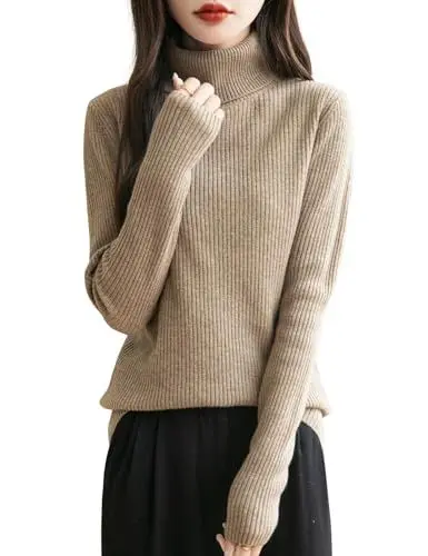 Produktbild: Chanyarn Damen 100% Merinowolle Rollkragenpullover 2025 Herbst Winter Langarm warm weich RIPP Strick Pullover (Tan,S)