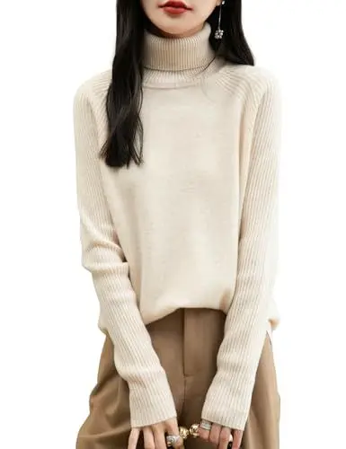 Produktbild: Chanyarn Damen 100% Merinowolle Rollkragenpullover 2024 Herbst Winter Warmer Weicher Langarm Elegant Strickpullover (Beige,M)