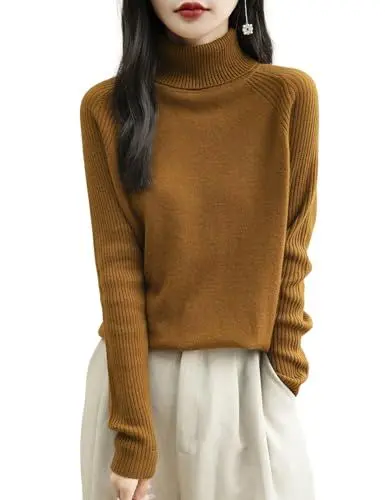 Produktbild: Chanyarn Damen 100% Merinowolle Rollkragenpullover 2025 Herbst Winter Warmer Weicher Langarm Elegant Strickpullover (Karamell,M)