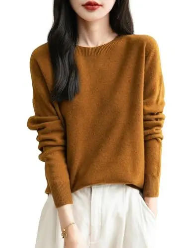 Produktbild: Chanyarn Damen 100% Merinowolle Rundhalspullover 2025 Herbst Winter First-Line Ready to Wear Langarm nahtlosem Strick Elegant Kaschmirpullover (Karamell,S)