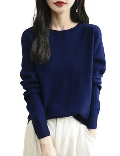 Produktbild: Chanyarn Damen 100% Merinowolle Rundhalspullover 2025 Herbst Winter First-Line Ready to Wear Langarm nahtlosem Strick Elegant Kaschmirpullover (Navy Blau,L)